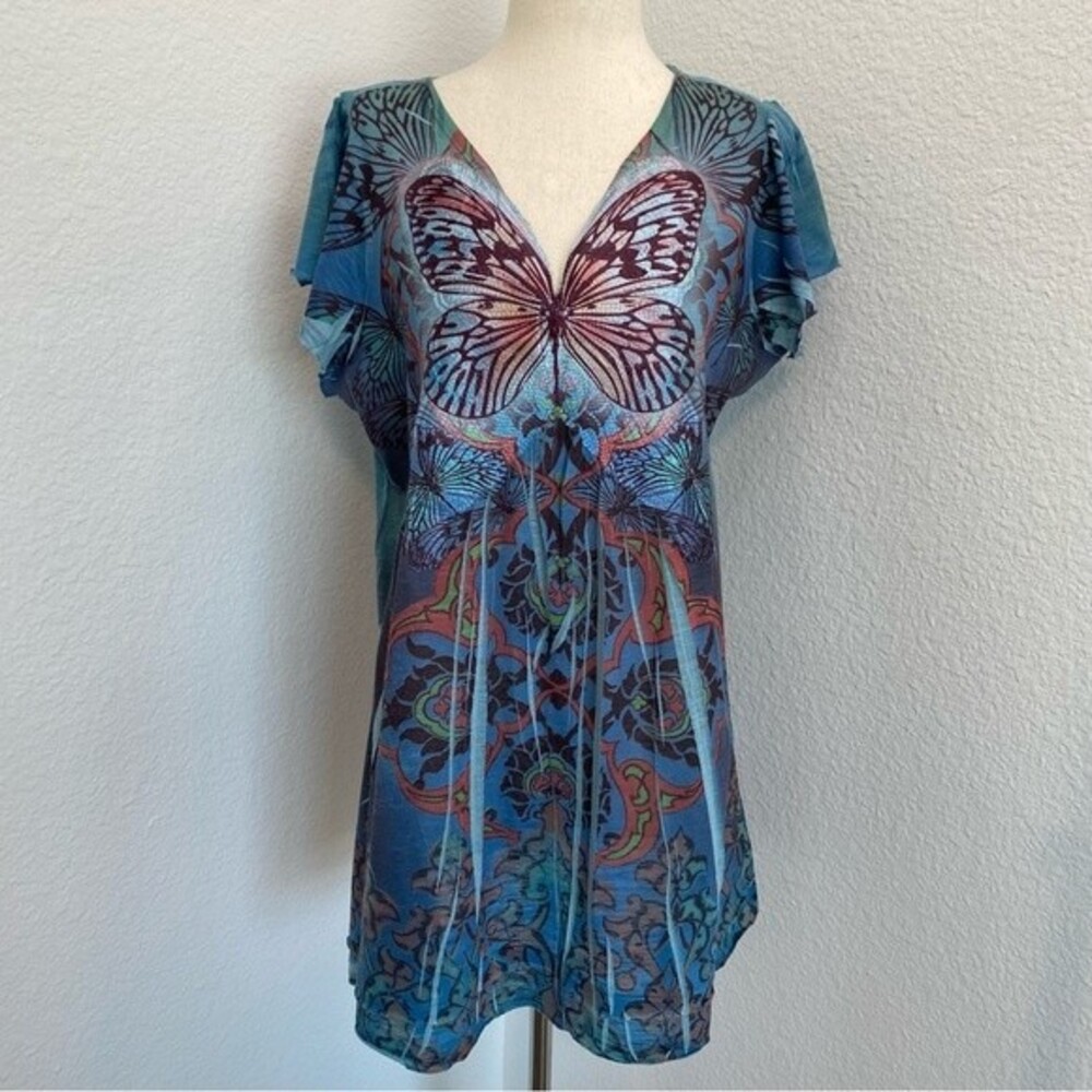 Butterfly Embroidery Blue Purple Lightweight Short Sleeve Sweetheart Neck SZ L
